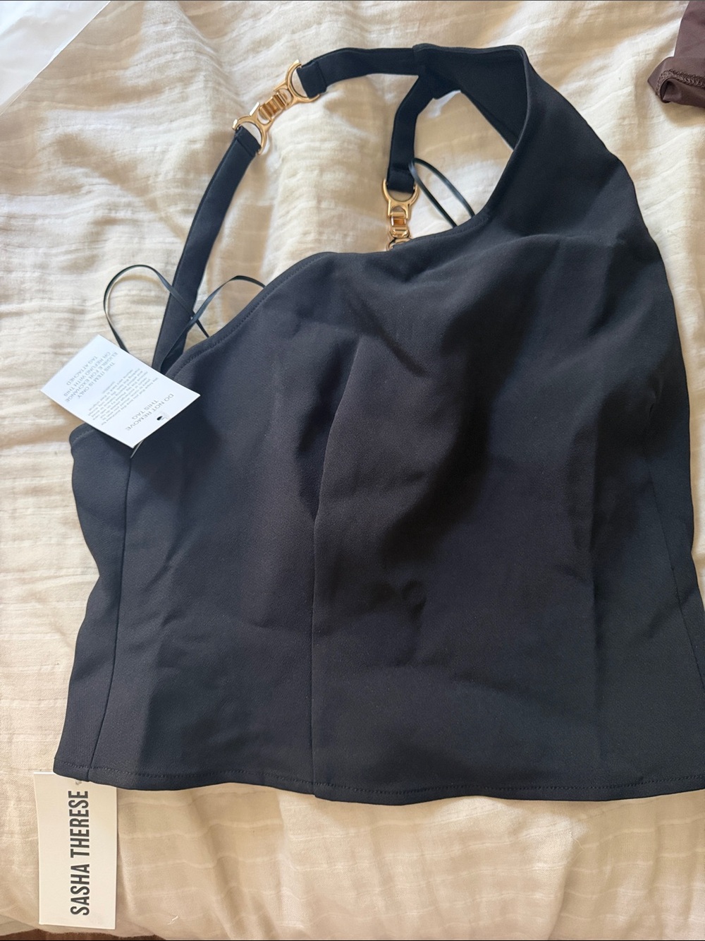 Sasha Therese Black Asymmetric Strap Top